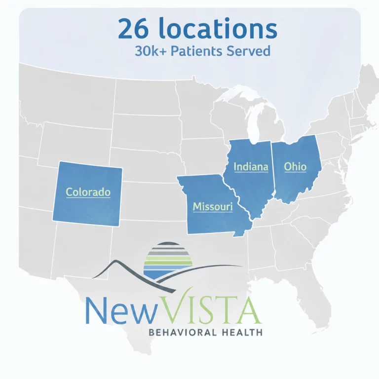 Map of the United States highlighting NewVista Behavioral Health locations in Colorado, Missouri, Indiana and Ohio — 26 locations, 30,000+ patients served